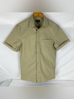 Club Monaco Short Sleeve Slim Fit Button Up Shirt Khaki Beige Minimalist XS